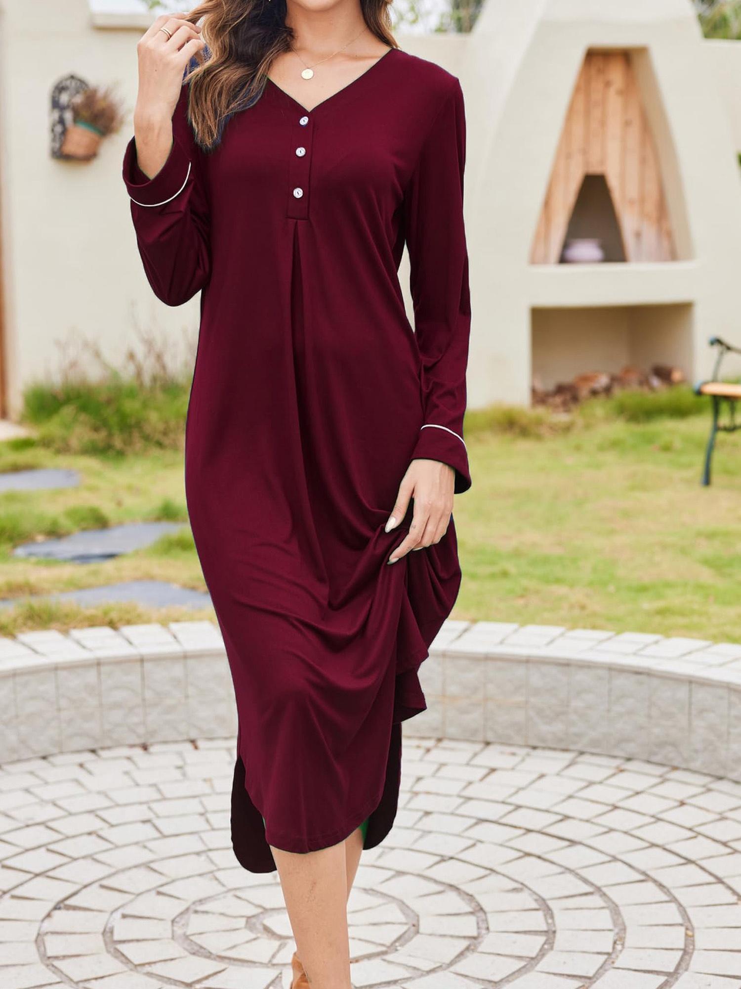 Womens Nightgown Long Sleeve Nightshirt Full-Length Sleep Dress Soft V-Neck  Sleepwear Loungewear * dress womens night shirts for sleeping