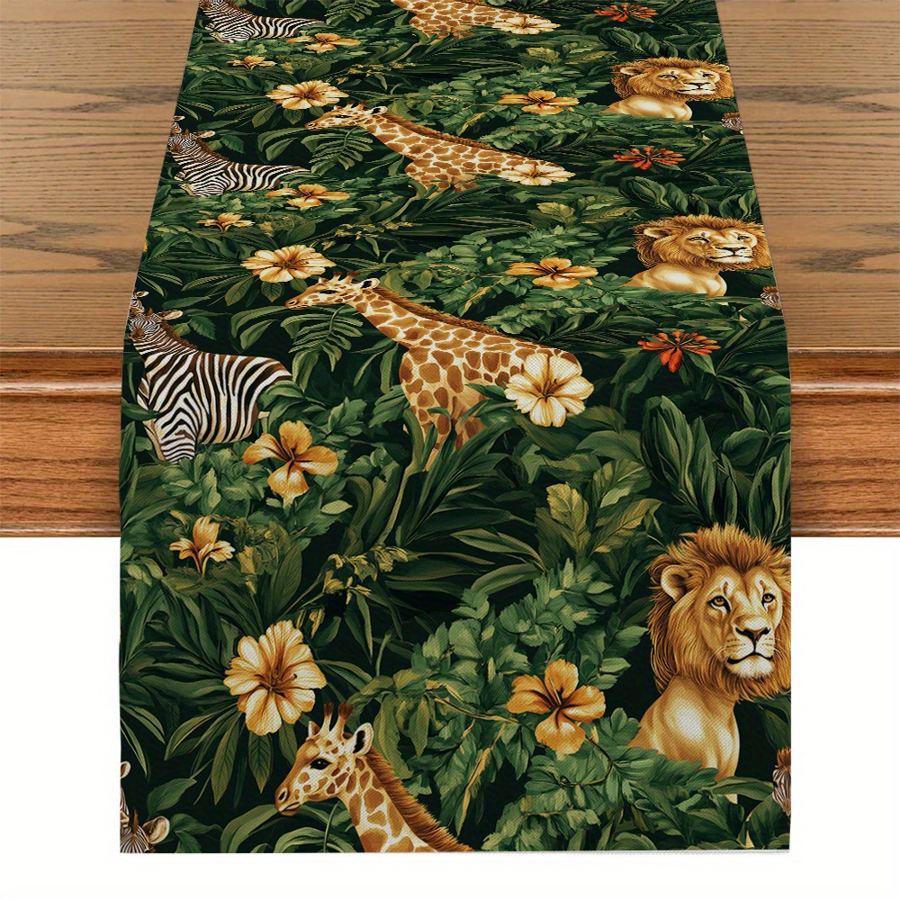 

Tropical Jungle Safari Animals Table Runner – 1pc Woven Polyester Decorative Tablecloth Featuring Giraffes, , Zebras, And Floral Patterns For Kitchen Dining Party Room Decor, Rectangle Shape