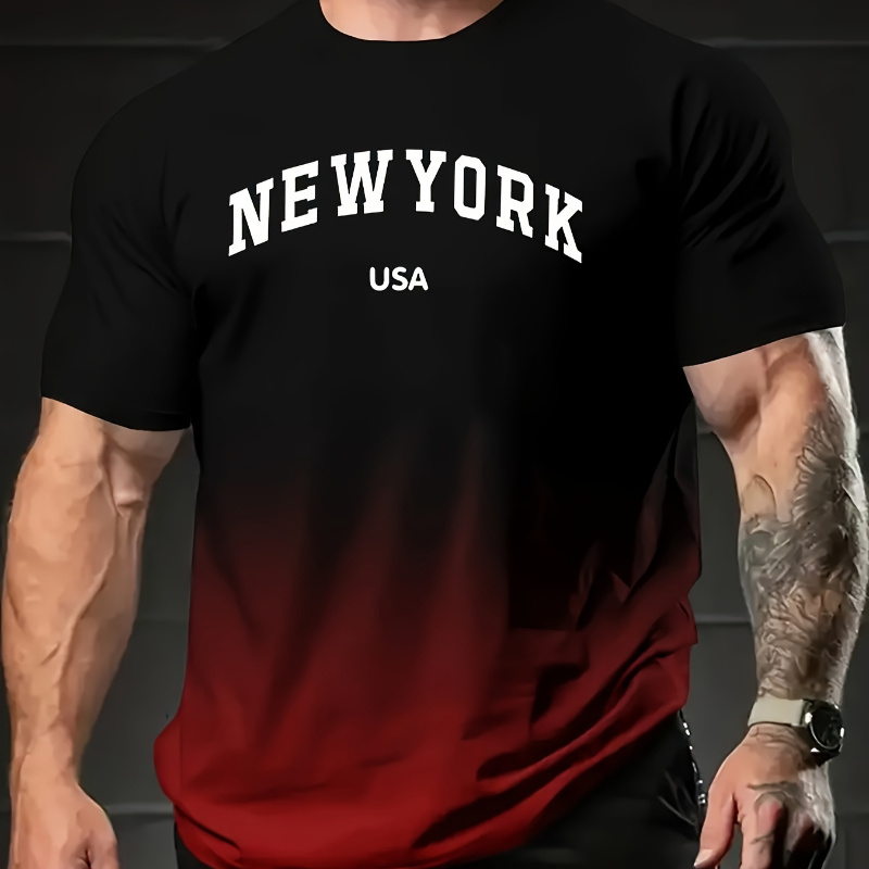 

Vintage-inspired New Usa Applique Men's T-shirt - Polyester Knit Fabric, Regular Fit, Crew Neck With Slight Stretch, Alphabet Pattern - Casual Fashion Gradient Tee