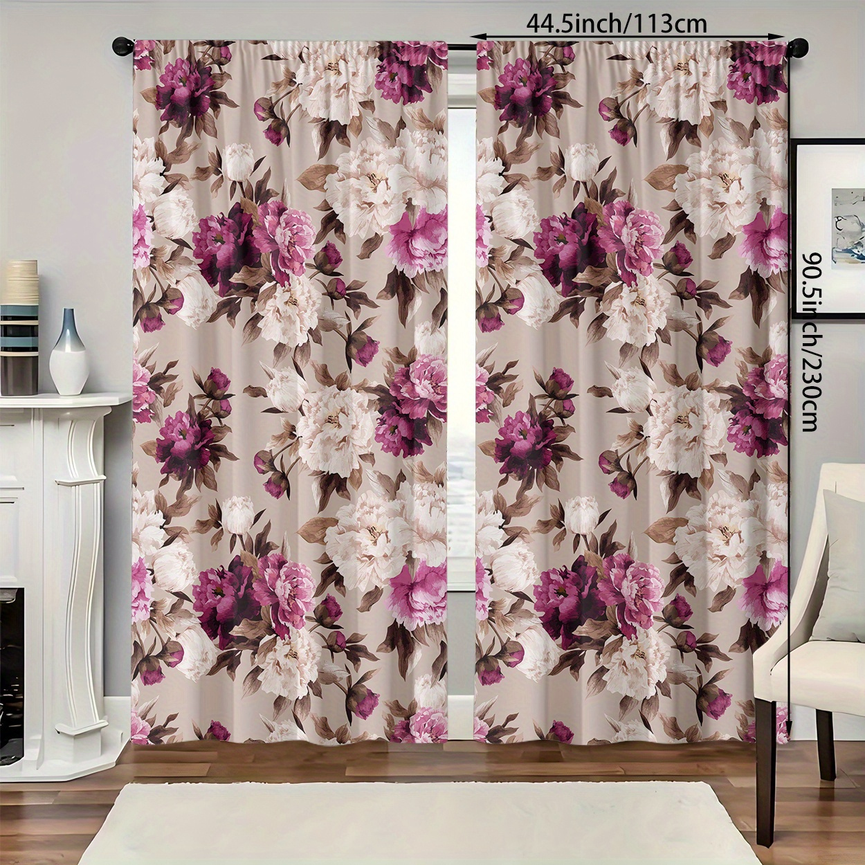 TEMU 2pcs, Polyester Material, Hd Digital Printing Floral Pattern, Light Filtering Curtain, Suitable For Bedroom, Living Room, Office And Home Decoration, Rod , Suitable For Rod Insertion