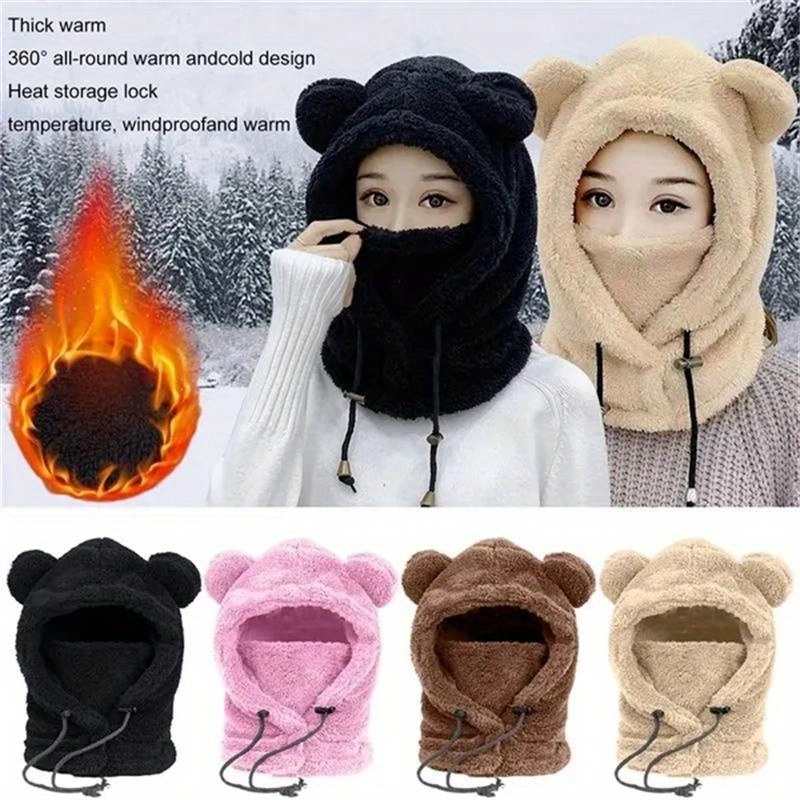 

Cute Bear Hat Winter Warm Fleece Plush Scarf Hats With Mask Thick Lamb Cap Skullies Beanies Hats For Women