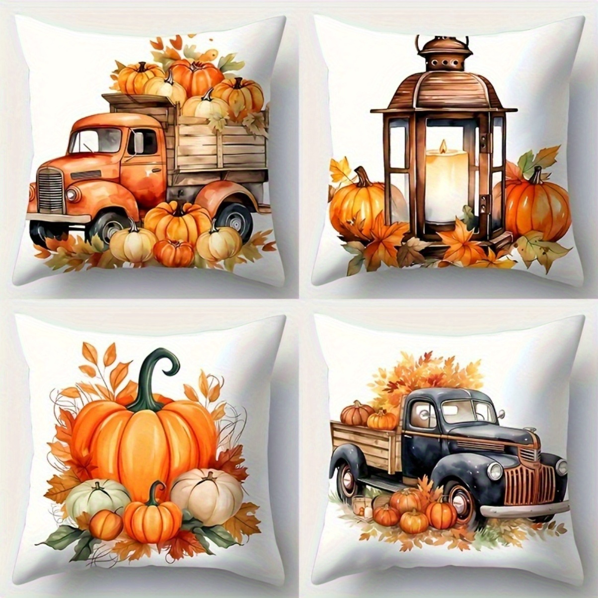 

4pcs Fall Harvest Pumpkin And Vintage Truck Print Throw Pillow Covers, Modern Zipper Polyester Cushion Covers, 18x18 Inch, Machine Washable, For Home Office Sofa Decorations, No Pillow Inserts