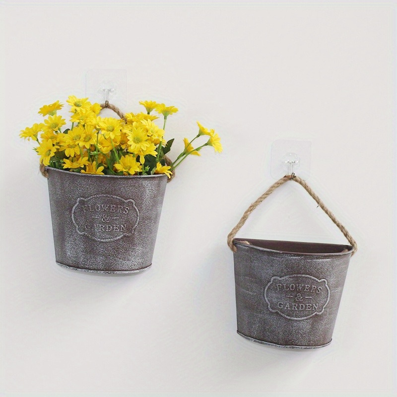 

2pcs Rustic Farmhouse Wall Planters With Hanging Rope - Iron Flower Pots For Succulents & Herbs, Country Style Home Decor