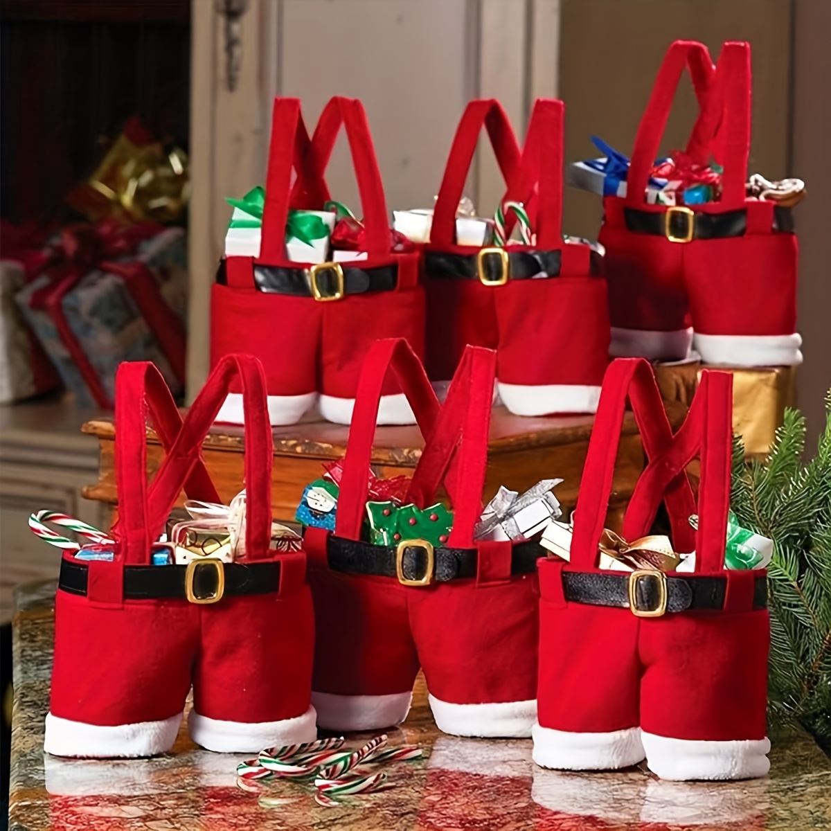 

5pcs Santa Pants Christmas Goody Bags - Small Size, Perfect For Holiday Gifts & Party Favors