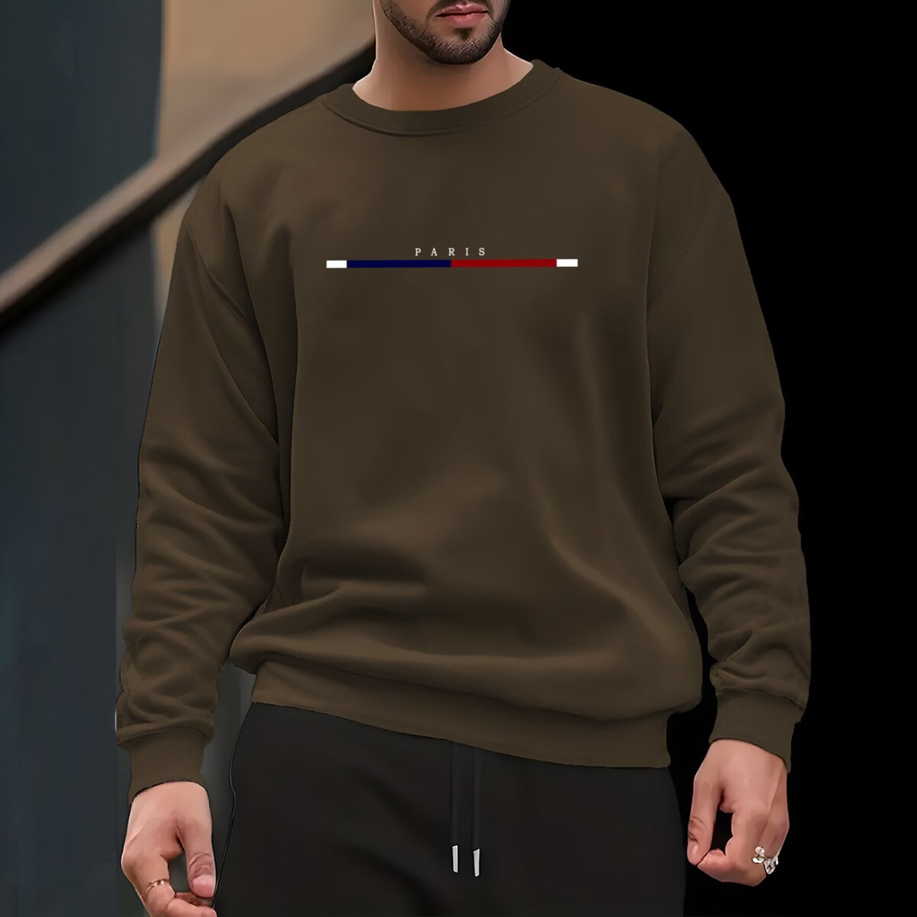 

Sweatshirt décontracté pour homme au col rond avec impression de lettre de Paris - Tissu tricoté en polyester 100% avec légère élasticité, haut de décontracté