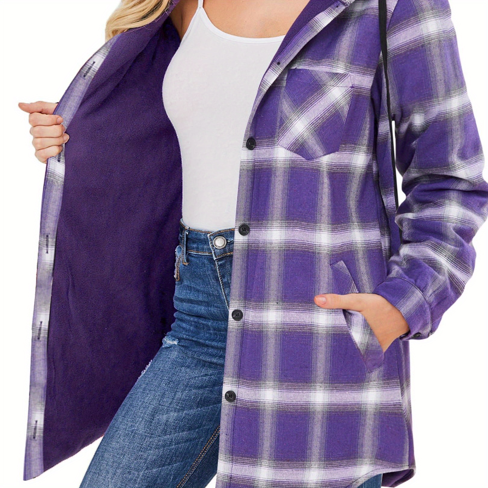 

2024 Womens Plaid Shacket Jacket Long Sleeve Button Down Fleece Hooded Jackets Warm Casual Coat Tops