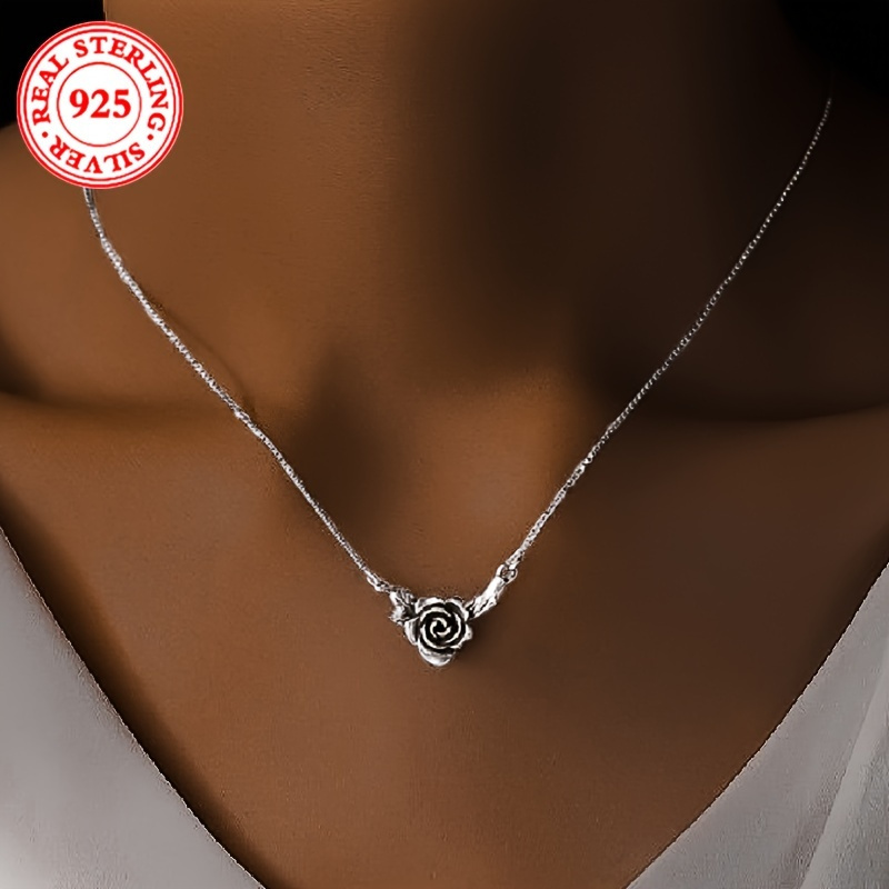 

Elegant Vintage-inspired Black Rose Pendant Necklace In 925 Sterling Silvery - Everyday & Holiday Wear