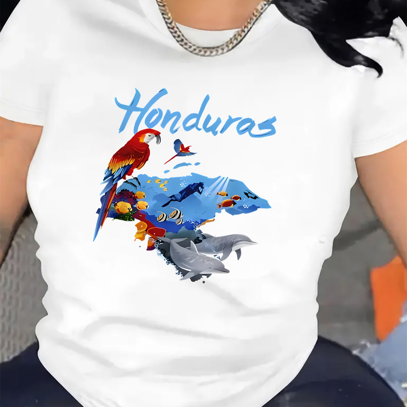 

Honduras Graphic Sports T-shirt For Women - Polyester Knit Fabric, Medium Stretch, Round Neck, Printed Tee With Parrots And Design