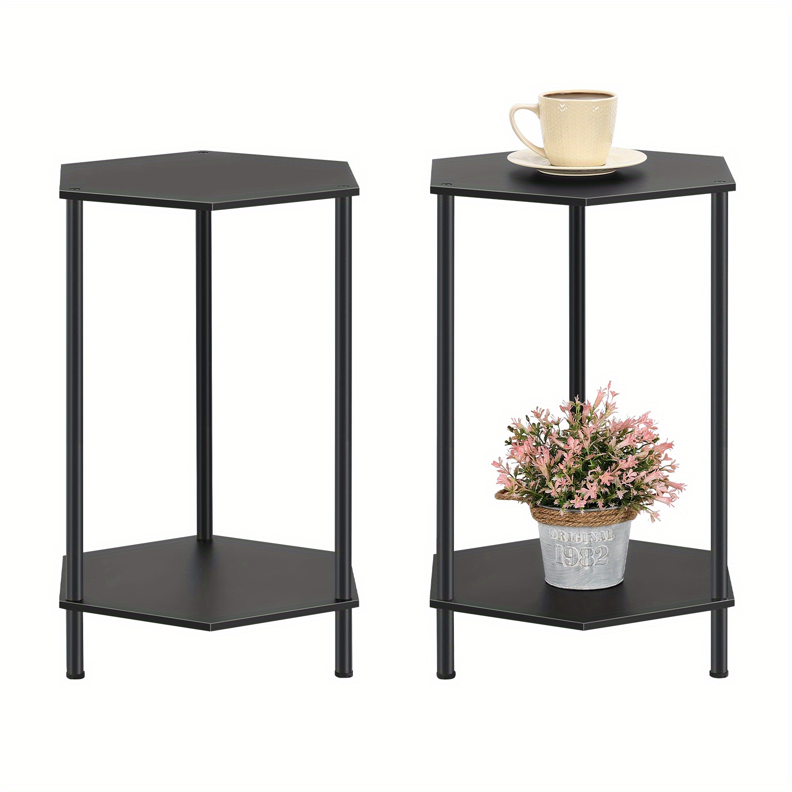 

Bamboo End Table Small Side Table Set Of 2, Outdoor Side Tables Stands With Storage Shelf For Living Room, Bedroom, 2 Tier Hexagonal Bedside Tables For Small Places