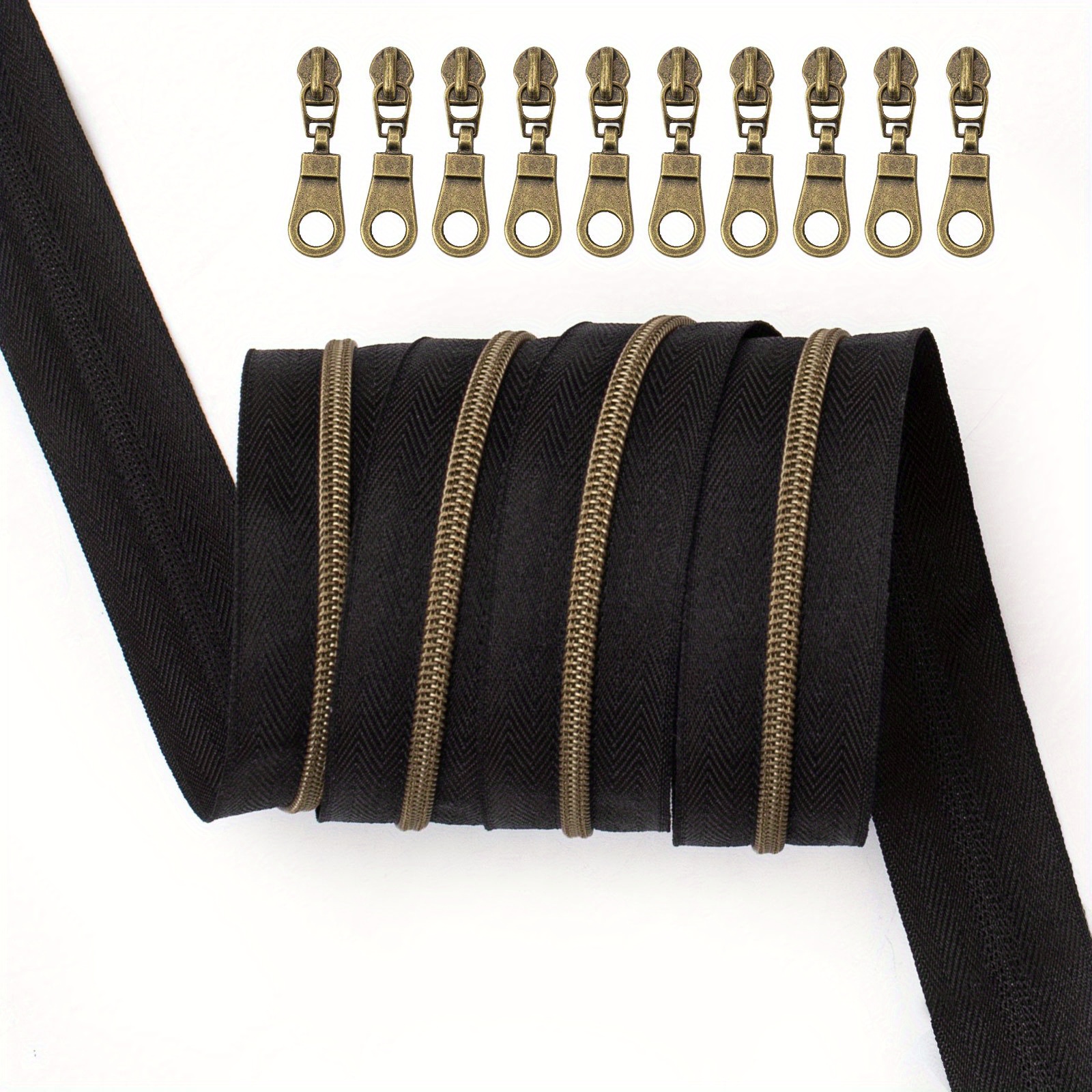 

1set, 3# Bronze Nylon Zipper 450cm/177inch, With 10 Bronze Zipper Heads With Lock, Suitable For Diy Use In Clothing, Bags, Home Textiles, Etc