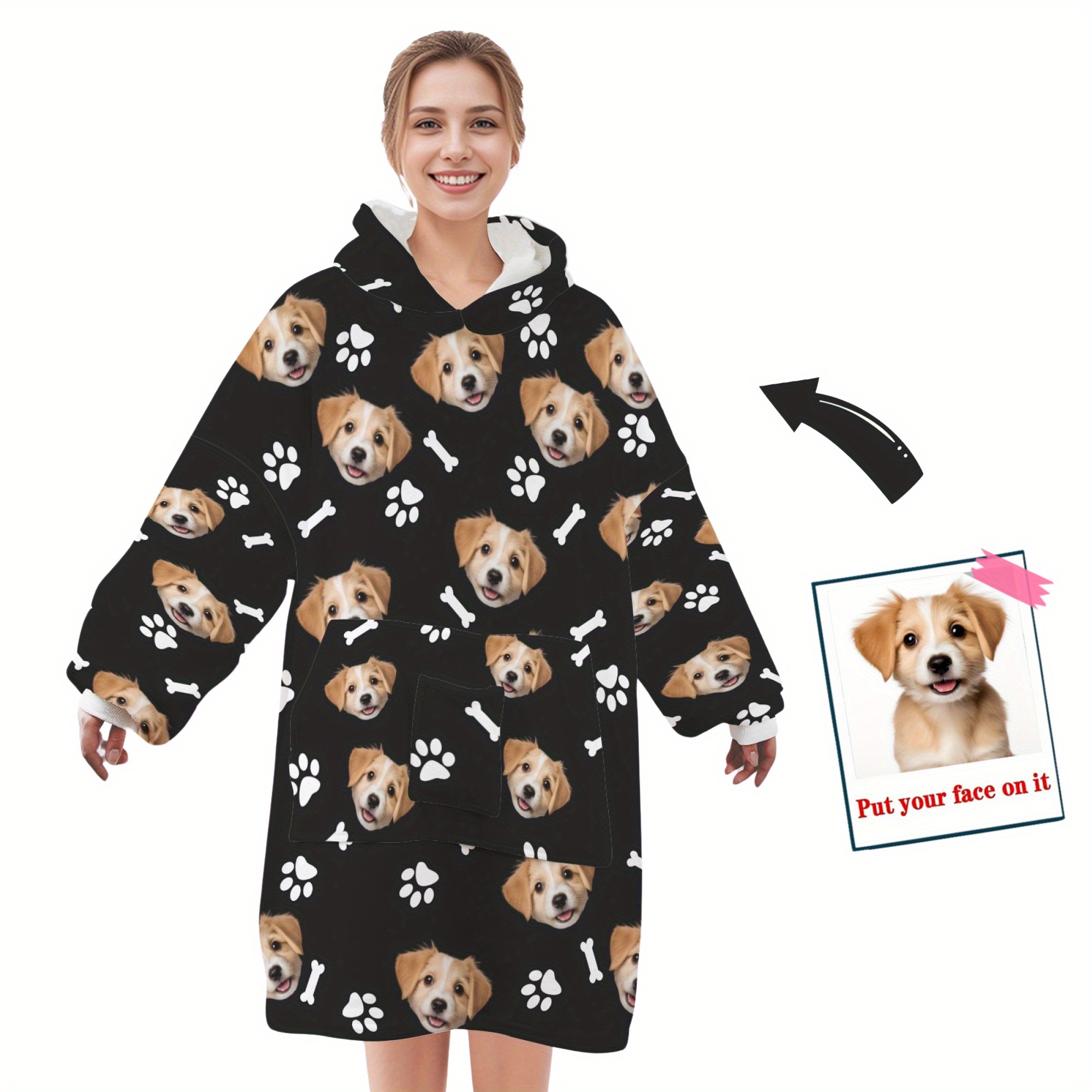 

Customizable Oversized Wearable Flannel Blanket Hoodie, Super Soft And Warm With Large Pocket, Cozy Adult Sweatshirt With Dog & Paw , Machine Washable Polyester Knit - Black