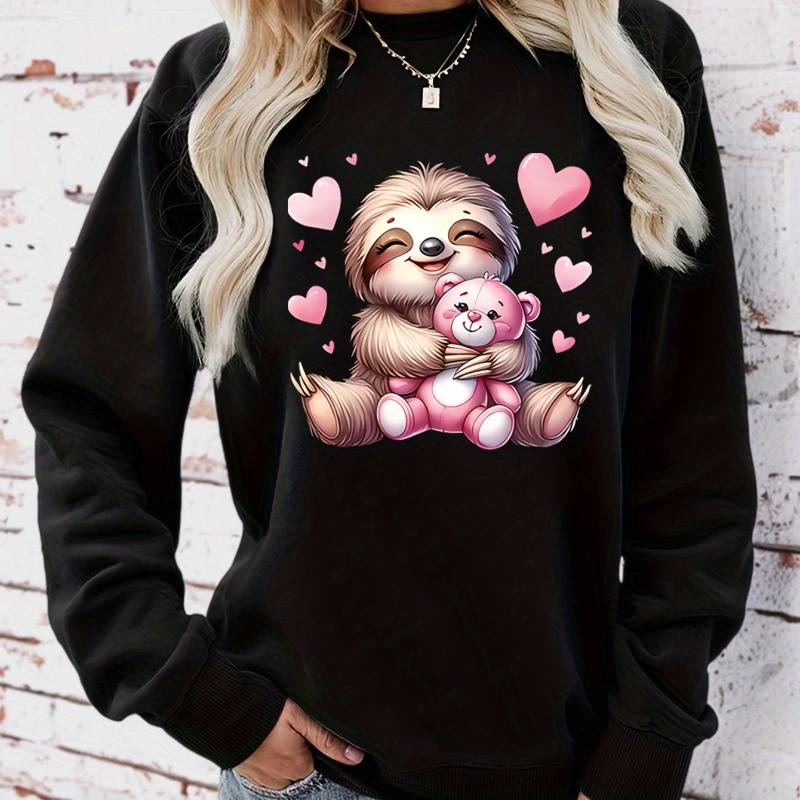 

Trendy Heart & Sloth Sweatshirt, Casual Long Sleeve Crew Neck Sweatshirt For Spring & Fall, Women's Clothing