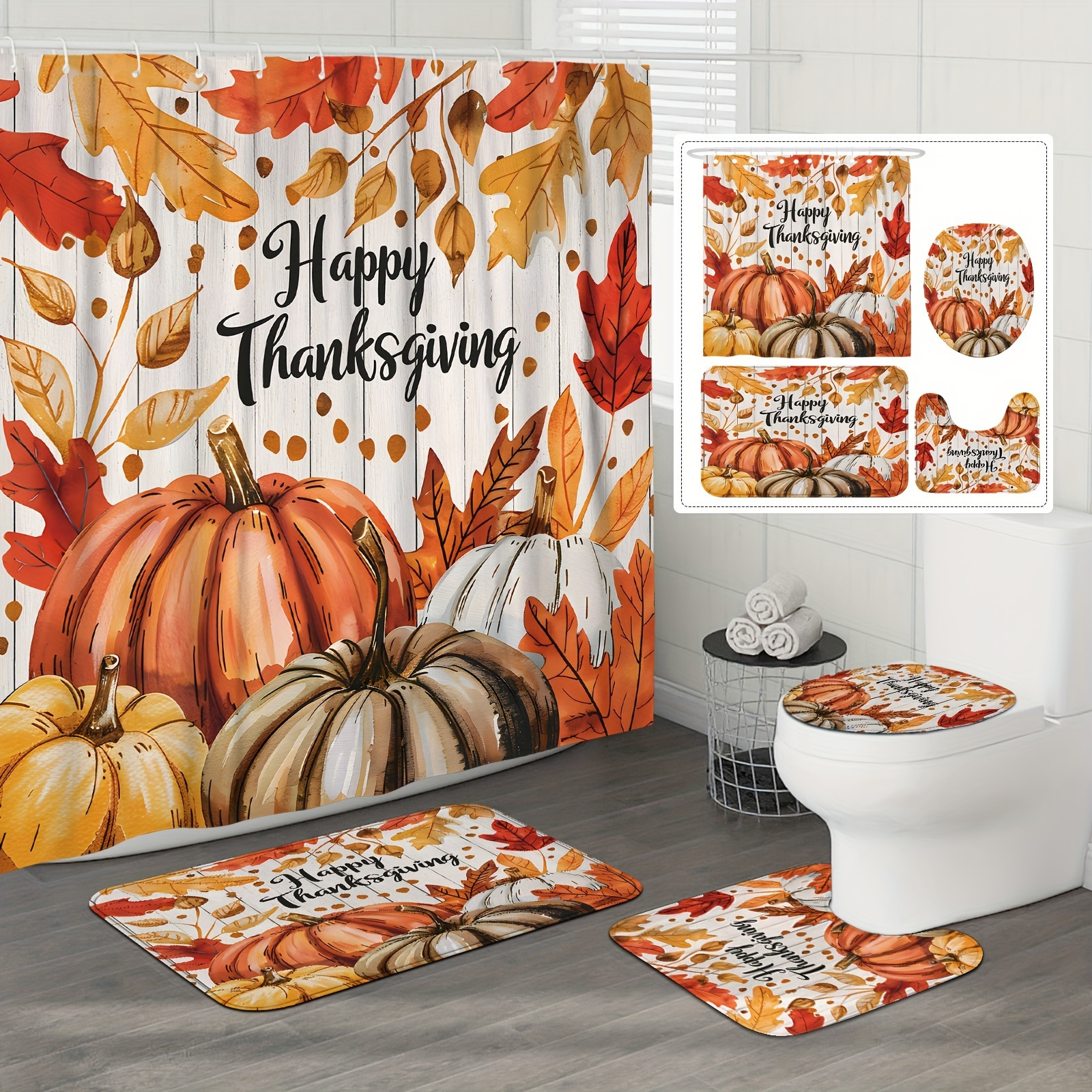 

1pc/4pcs Fall Thanksgiving Day Waterproof Shower Curtain Set With 12 Hooks And Bath Mat Toilet Seat Bathroom Seat Anti-slip Carpet Rug Polyester Fabric Curtain Bathroom Accessories Home Decor