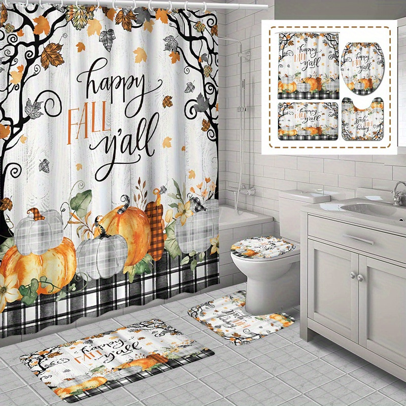 

1pc/4pcs Fall Thanksgiving Day Waterproof Shower Curtain Set With 12 Hooks And Bath Mat Toilet Seat Bathroom Seat Anti-slip Carpet Rug Polyester Fabric Curtain Bathroom Accessories Home Decor