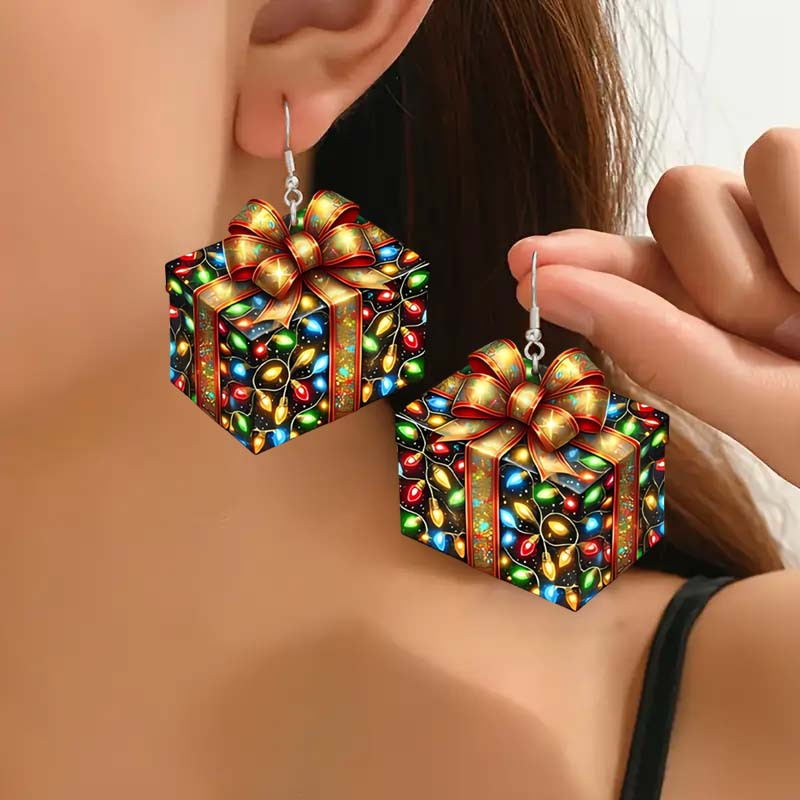 

Acrylic Christmas Gift Box Drop Earrings With Bow And String Lights Design, Stainless Steel Ear Needle, Cute Cartoon Style For All Seasons, Daily And Gift-giving Occasions - Protective Film Included