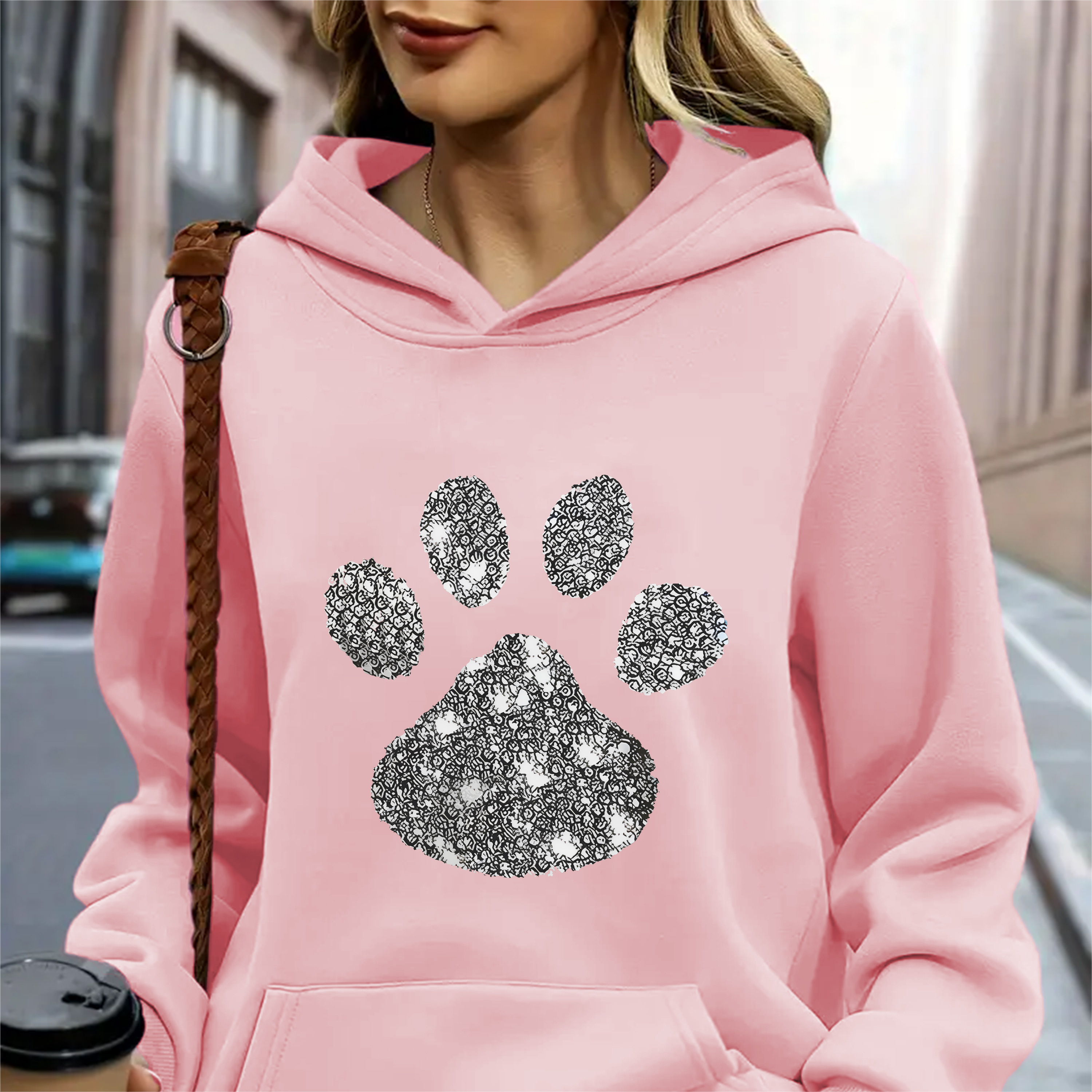 

Women's Dog Paw Graphic Hoodie, Long Sleeve, Crew Neck Sweatshirt With Pocket, Casual Pullover, Fall & Winter Fashion