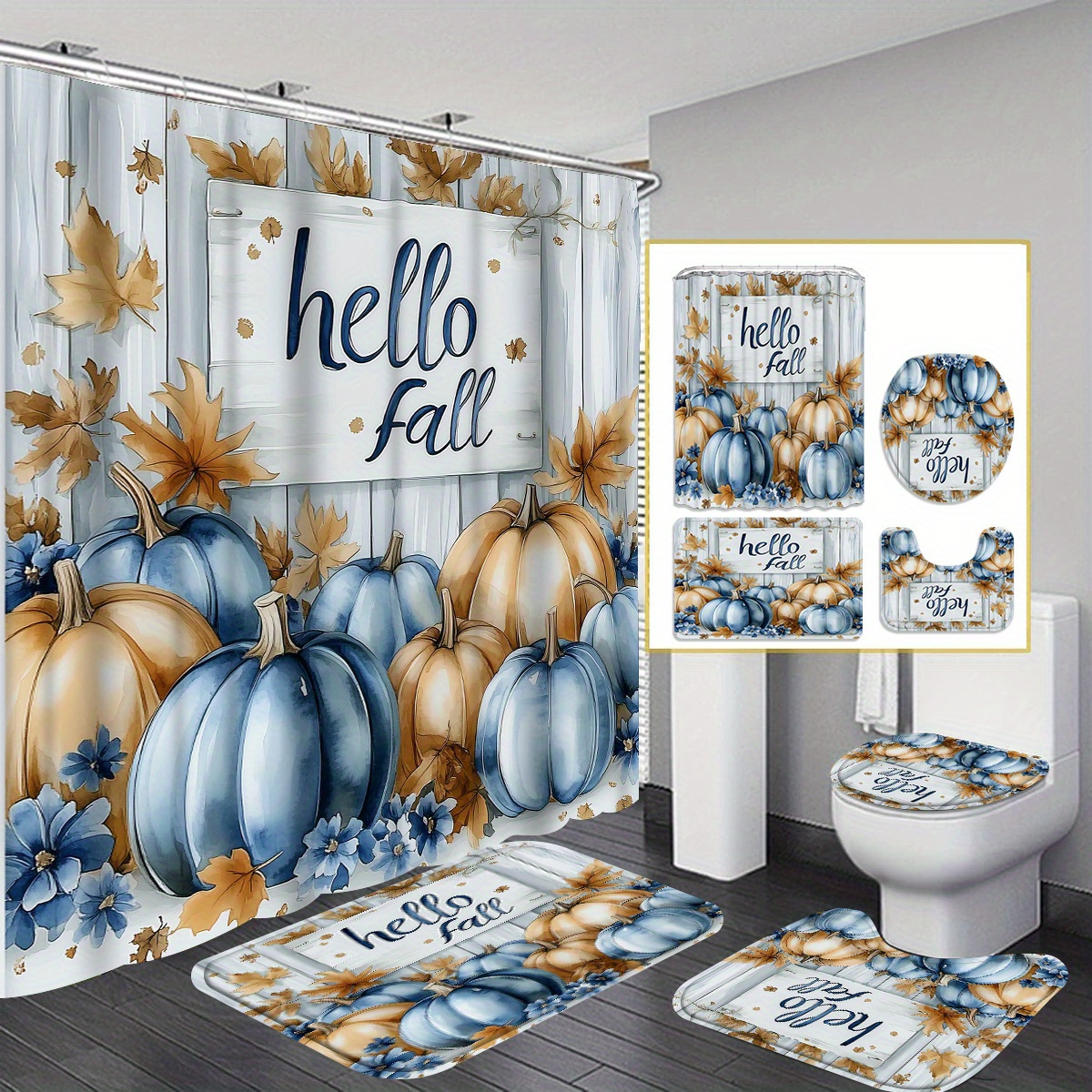 

Fall-themed Shower Curtain Set With Bath Mat, Toilet Seat Cover & Rug - Woven Polyester, Water-resistant, Includes 12 Hooks, Dry Clean - Autumn Pumpkin Design Bathroom Decor Ensemble