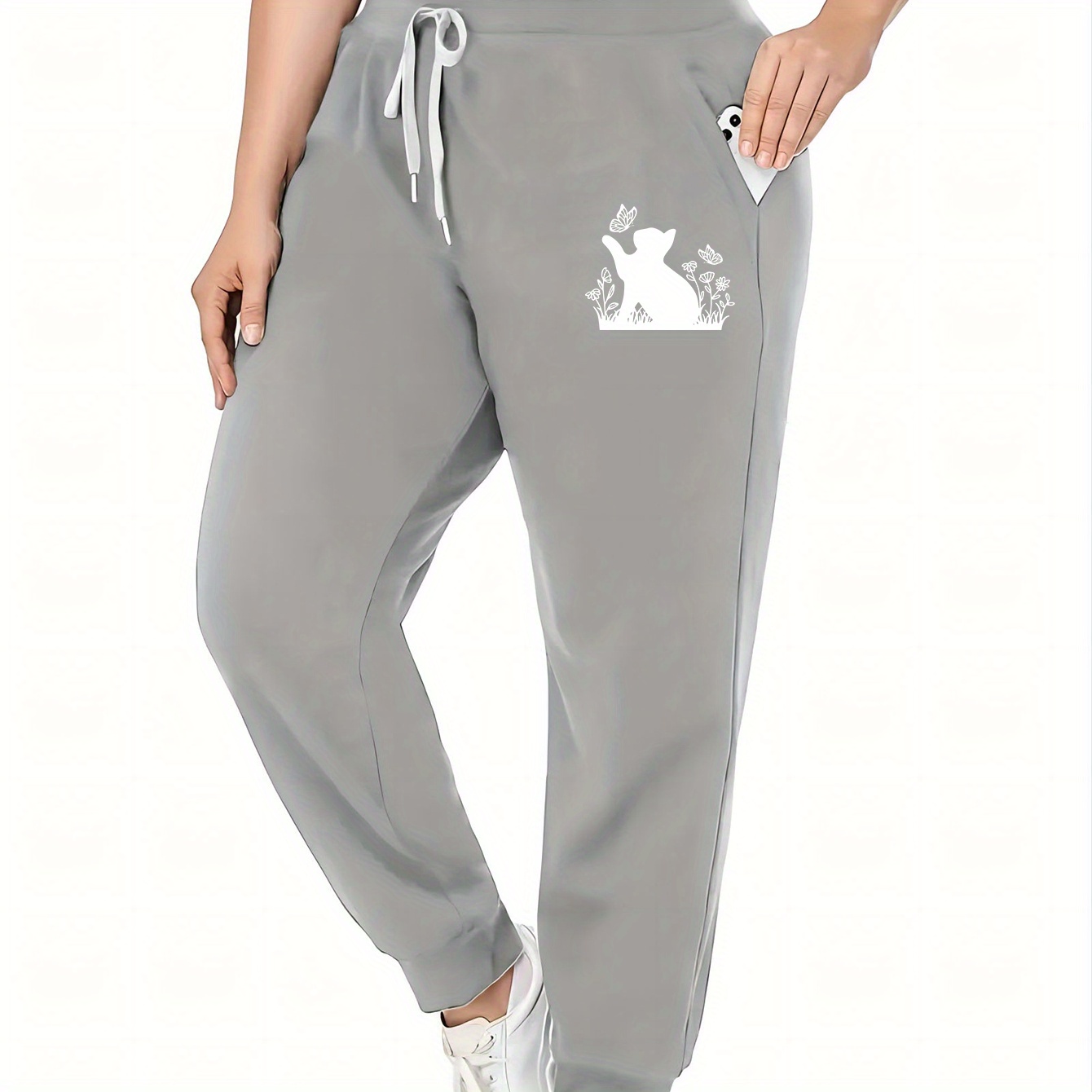 

Women's Plus Size Casual Sports Pants With Drawstring, Long Knit Fabric Sweatpants, Polyester, Butterfly Print, Elastic Waist, No Belt, Comfortable Fit For Fall/winter