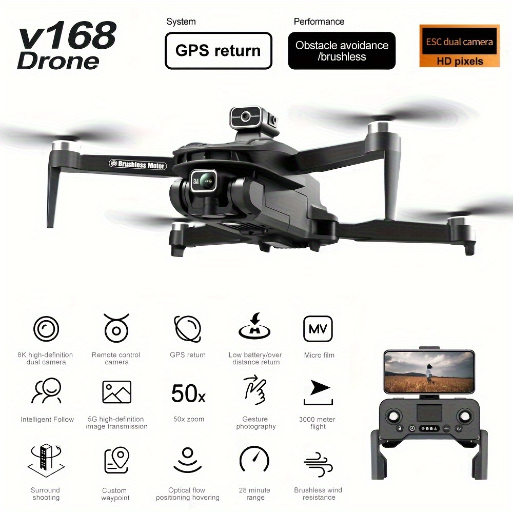 V168 Dron GPS aéreo, altura fija,   automático GPS, cámara dual, cámara PTZ HD 8K frontal, control por  , cámara de   por control remoto,   de 360°, plegado de aeronave,   baterías. detalles 9