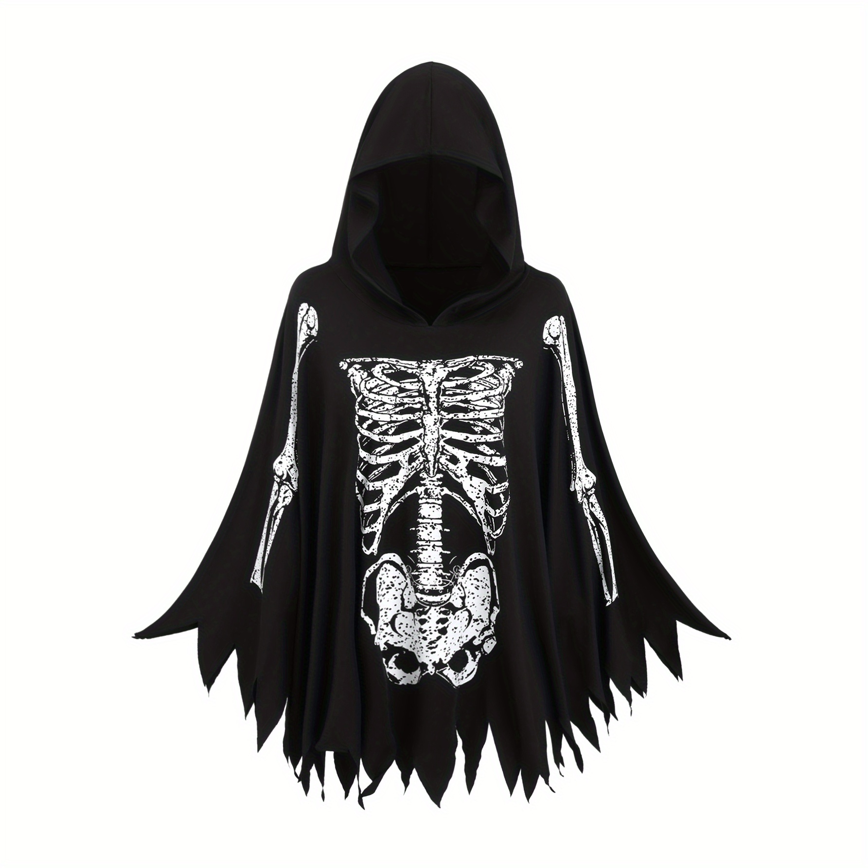 

Vintage Halloween Skeleton Printed Cape Hoodie - Asymmetrical Polyester Knit Fabric With Spandex , Loose Fit, Hooded Pullover For Fall/winter