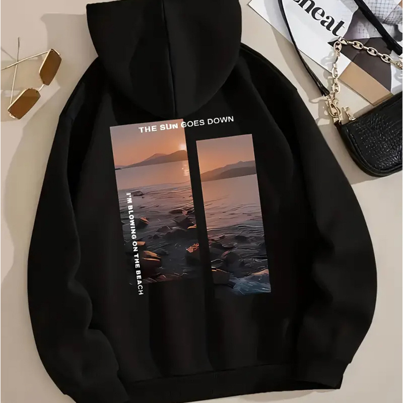 

Women's Casual Hoodie Sweatshirt With Geometric Pattern And Lettering Print, Polyester Hooded Pullover With Drawstring, Knit Fabric, For Fall/winter Season