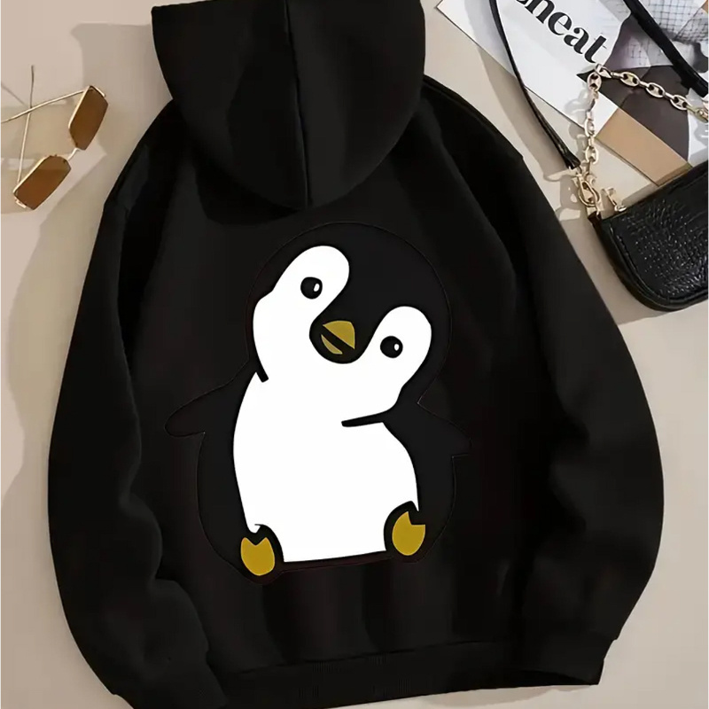 

Casual Knit Polyester Hoodie With Animal Penguin Print For Women - 100% Polyester, Drawstring Hooded Sweatshirt For Fall/winter