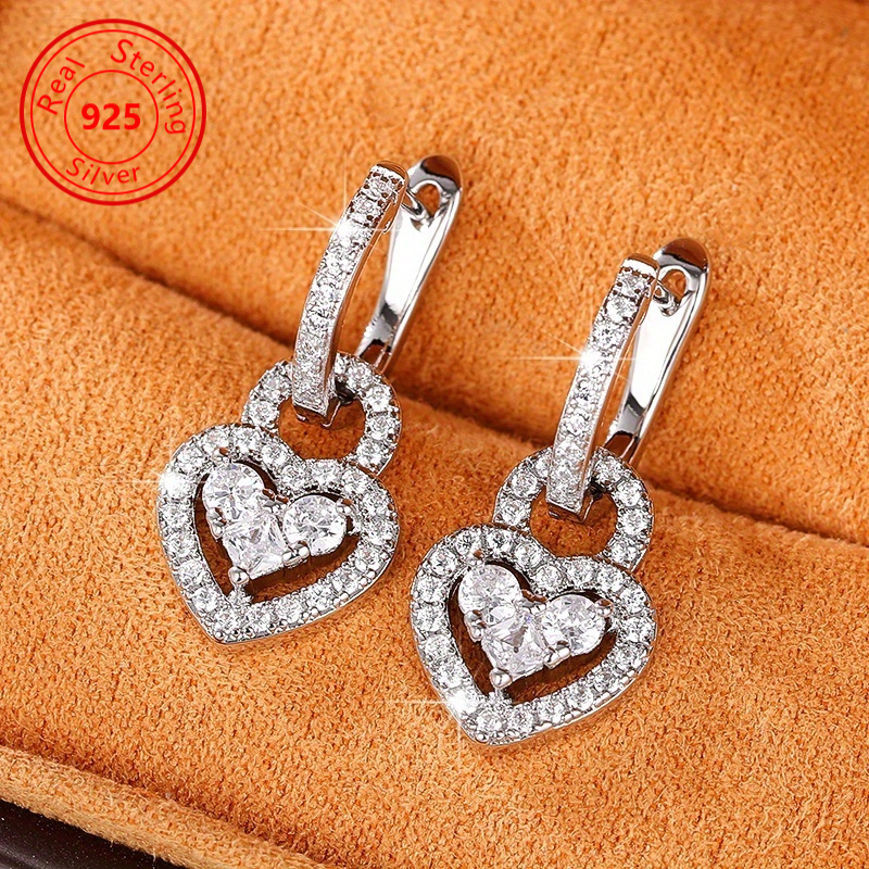 

1 Pair Of Dazzling Heart-shaped 925 Sterling Silver Pendant Earrings - Adding Romantic Colors To Men's And Women's And - Fashionable And Avant-garde, Elegant Accessories