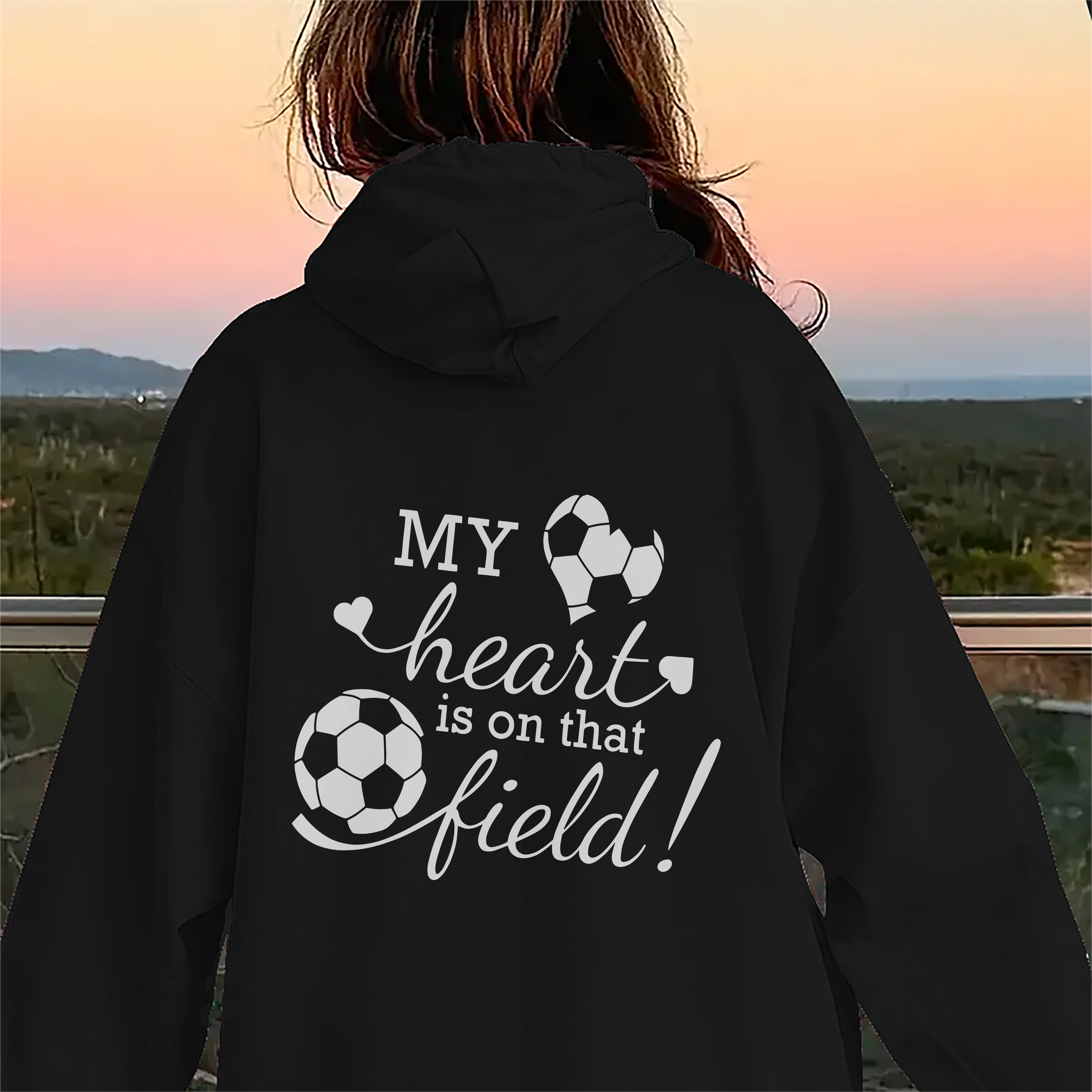 

Soccer & Letter Long Sleeve Hooded Sweatshirt, Women's Casual Front Pocket Hoodie, Staple