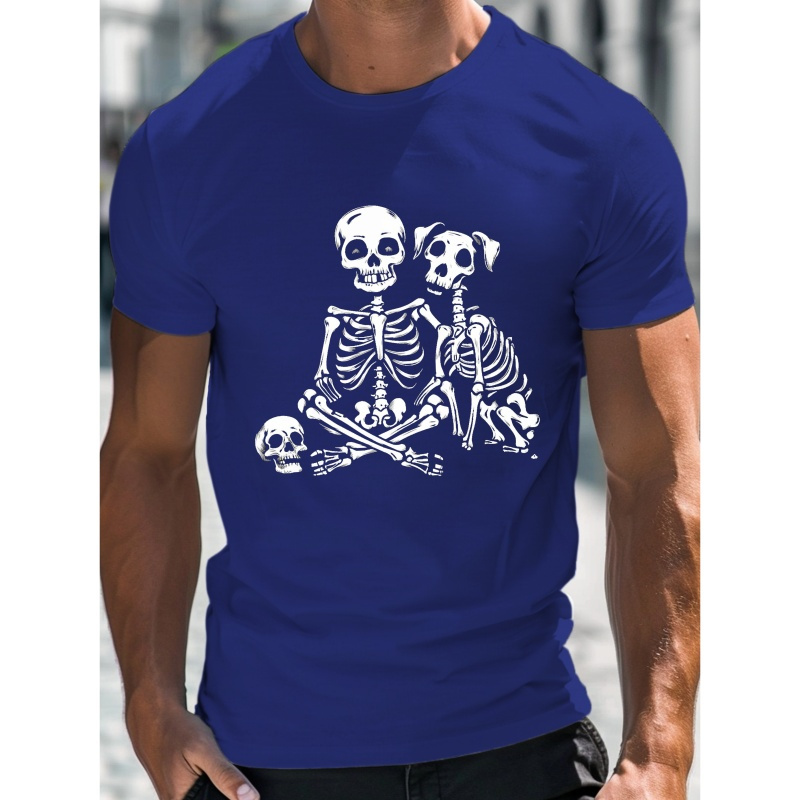 

Men's Polyester Crew Neck T-shirt With Human And Dog Skeleton Print - 100% Polyester Geometric-patterned Casual Short Sleeve Top With Slight Stretch, Knit Fabric Tee For Adults - Summer Wear