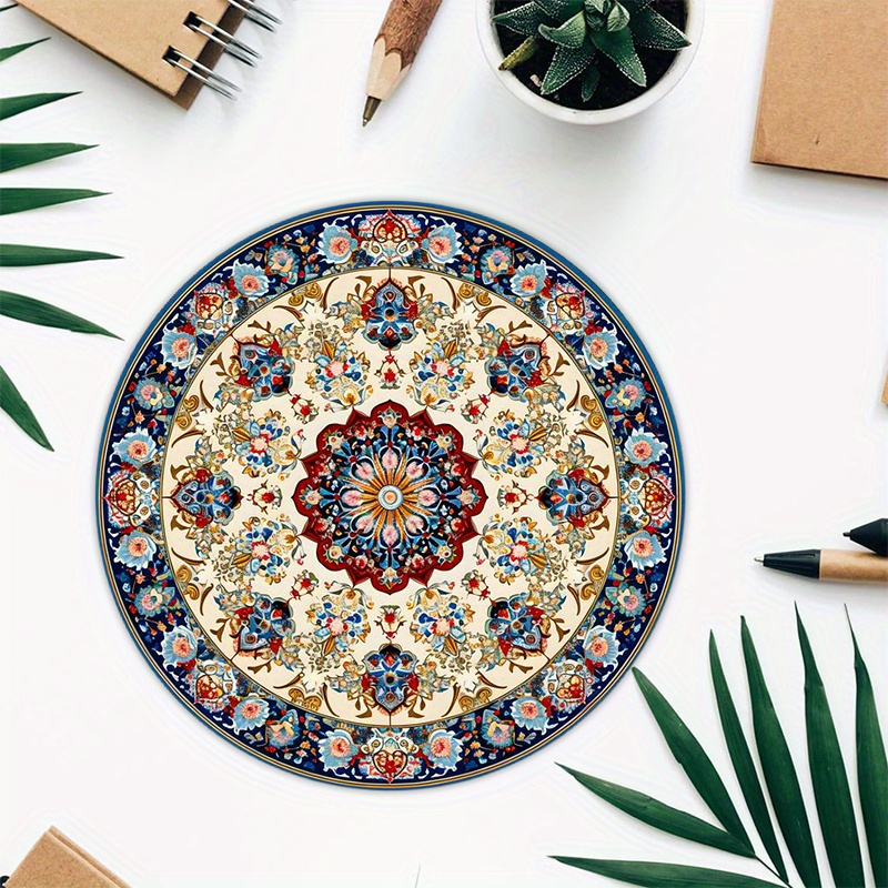 

Tapis de souris en caoutchouc rond avec design floral bohémien, base antidérapante, accessoire de bureau décoratif bohémien pour le travail et le domicile, cadeau pour les amateurs d'art