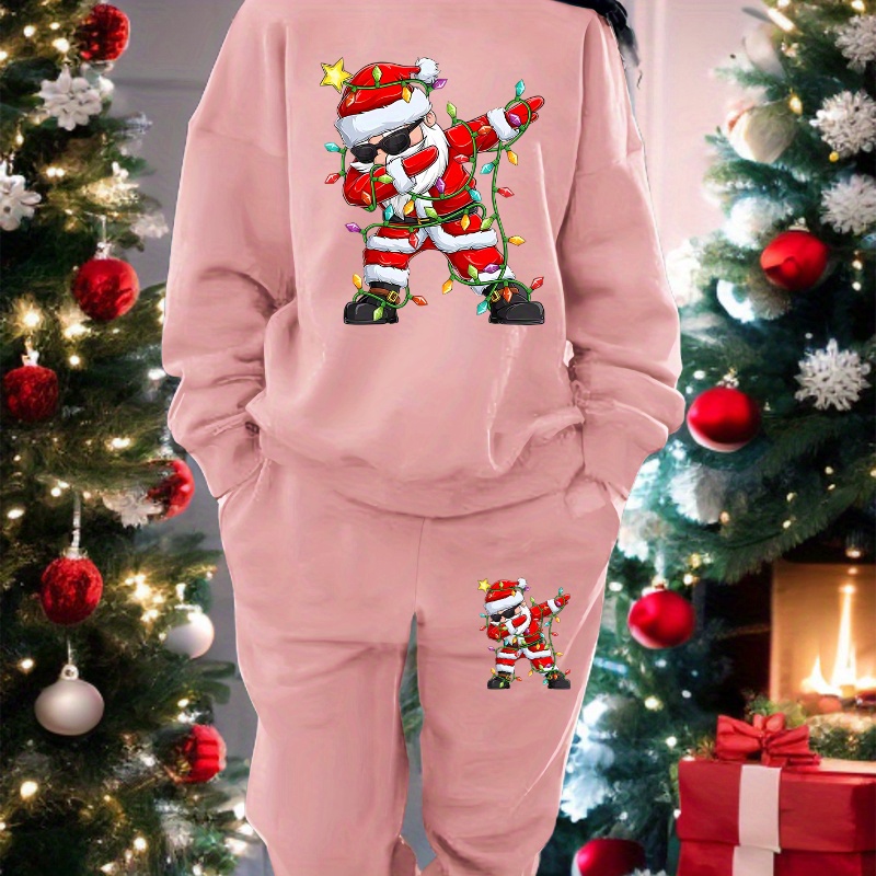 

Women's Casual Christmas Santa Print Sweatshirt And Pants Set, 100% Polyester Knit Fabric, Crew Neck, , Holiday Design