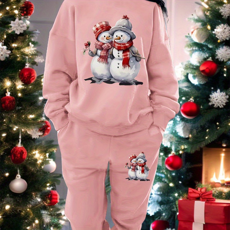 

Women's Christmas Snowman Print Sweatshirt Set, Cozy Polyester Hoodie And Pants, Casual Round Neck, Knit Fabric, Festive