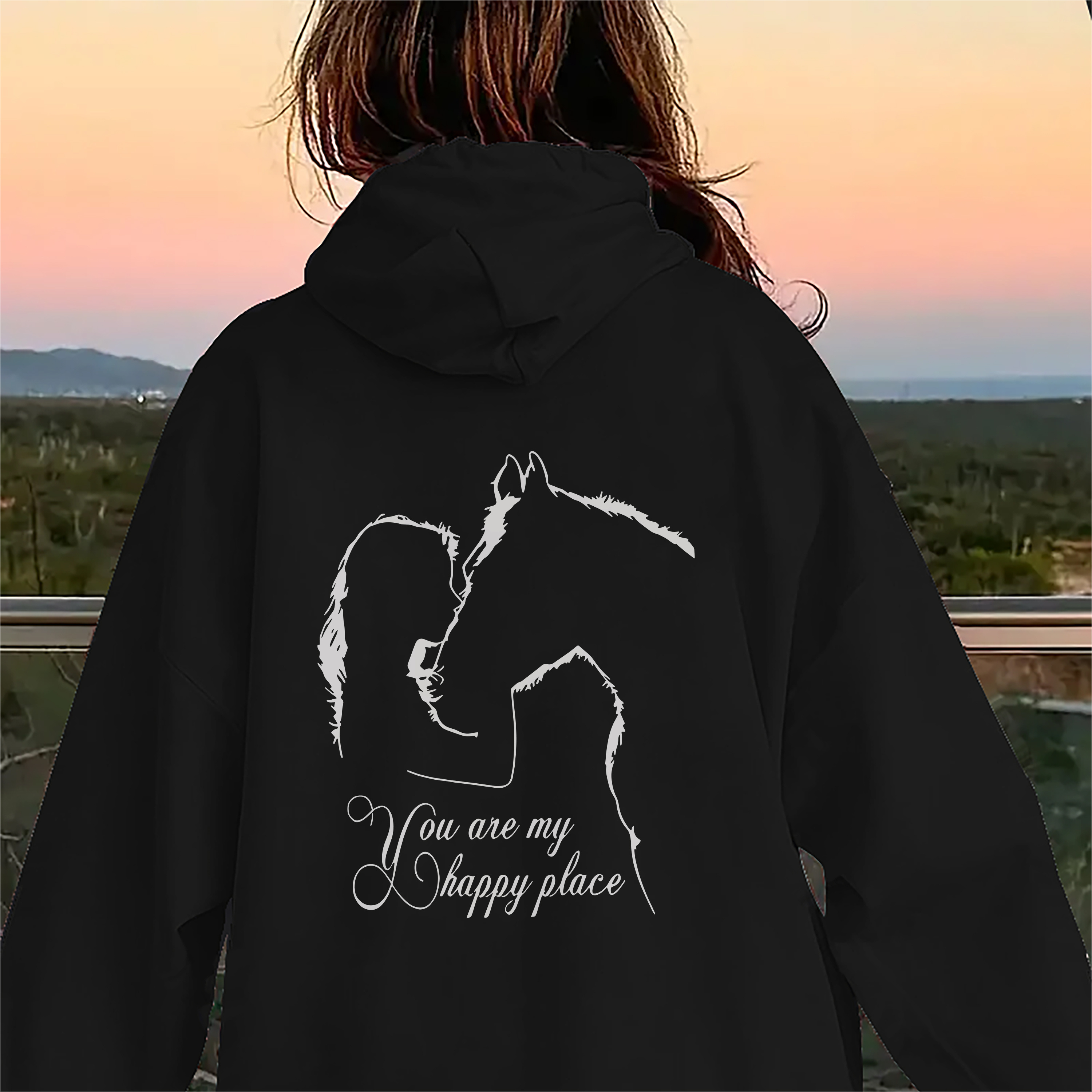 

Women's Casual Pullover Hoodie, 250g Polyester Knit, Geometric Horse & Human Silhouette Print, Crew Neck, Long Sleeve, Pocket Sweatshirt, Staple For All