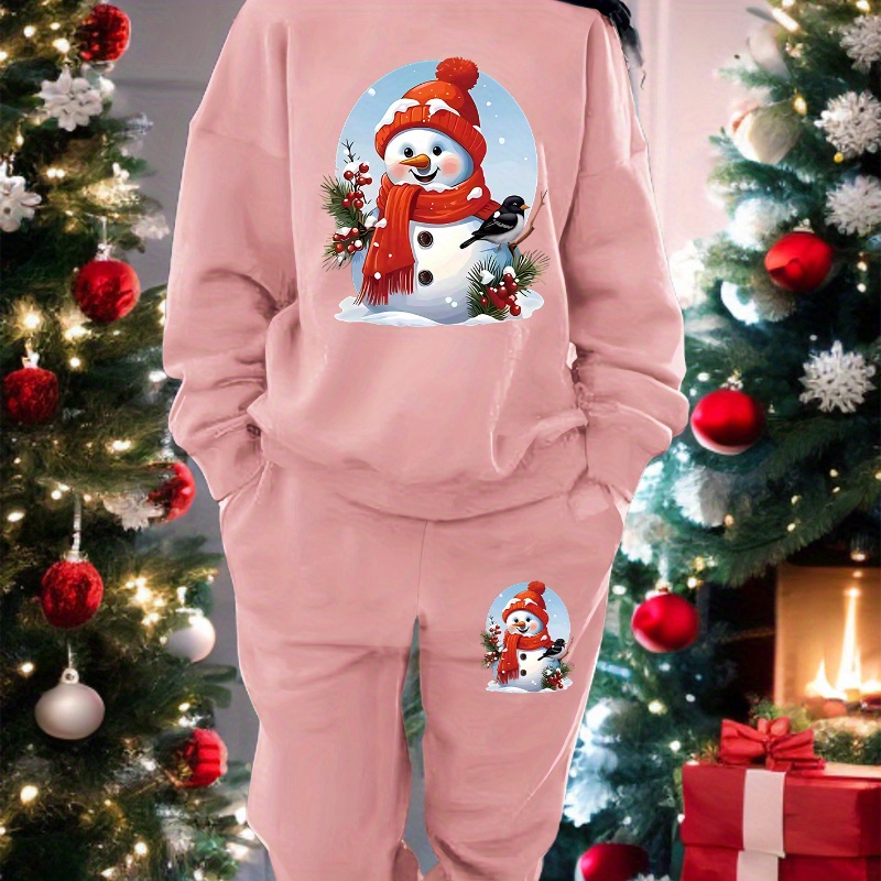 

Christmas Snowman Print 2 Piece Set, Crew Neck Sweatshirt & Pants, Women's Clothing