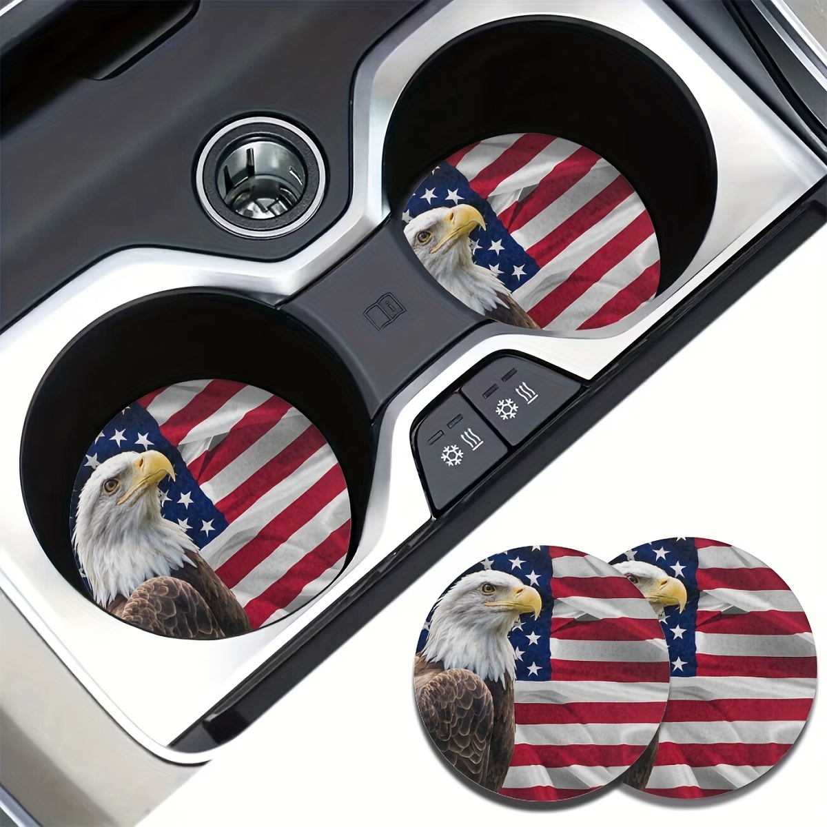 

2-pack Eva Material Eagle & Stars Design Absorbent Cup Holder Coasters For Cars, Trucks & Home Office Desks - Patriotic Beverage Mats For American-themed Interior Accessories