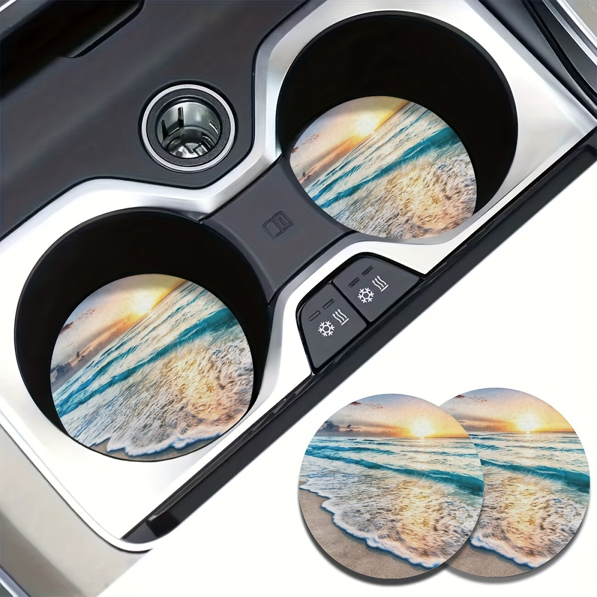 

2pcs Rubber Beach Themed Absorbent Cup Holder Coasters - Spill-proof, Non-slip, Durable Car Interior Accessories For Women & Men, Water Cup Coasters For Car Vehicles, Home Desk, And Office Use