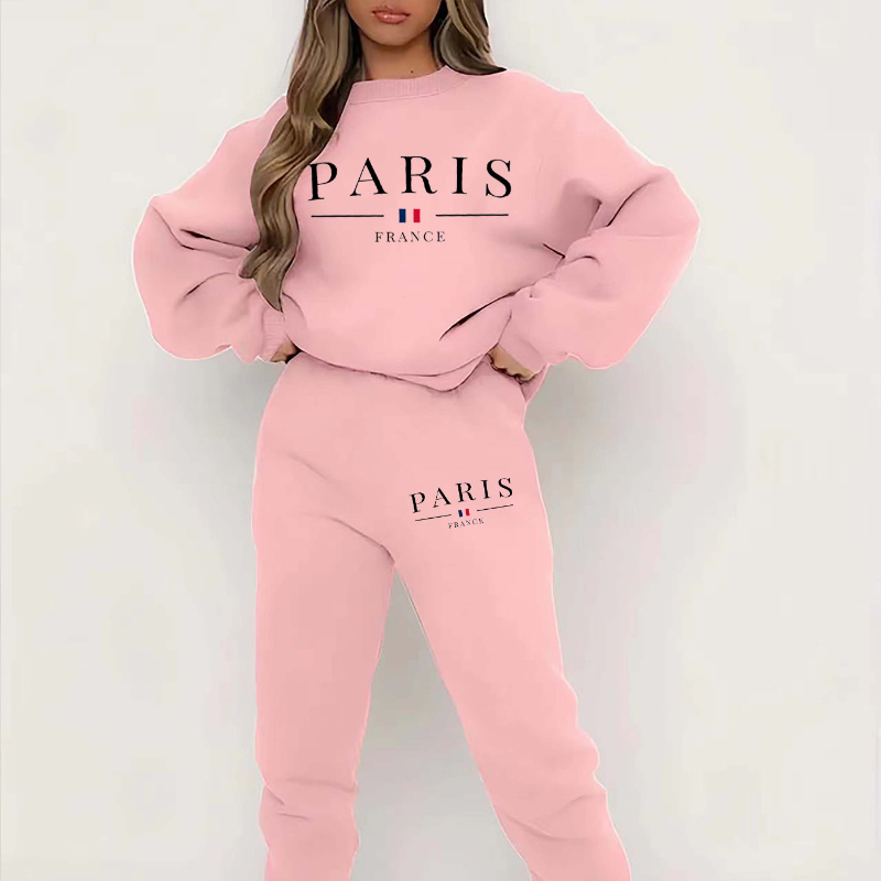 

Women's Casual Letter Print Two-piece Set: Crew Neck Sweatshirt & Pants - Machine Washable, Polyester