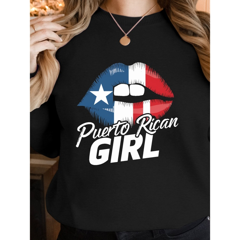 

Puerto Rican Flag Lips Graphic Print Sweatshirt, Crew Neck Casual Sweatshirt For Fall & Spring, Women's Clothing