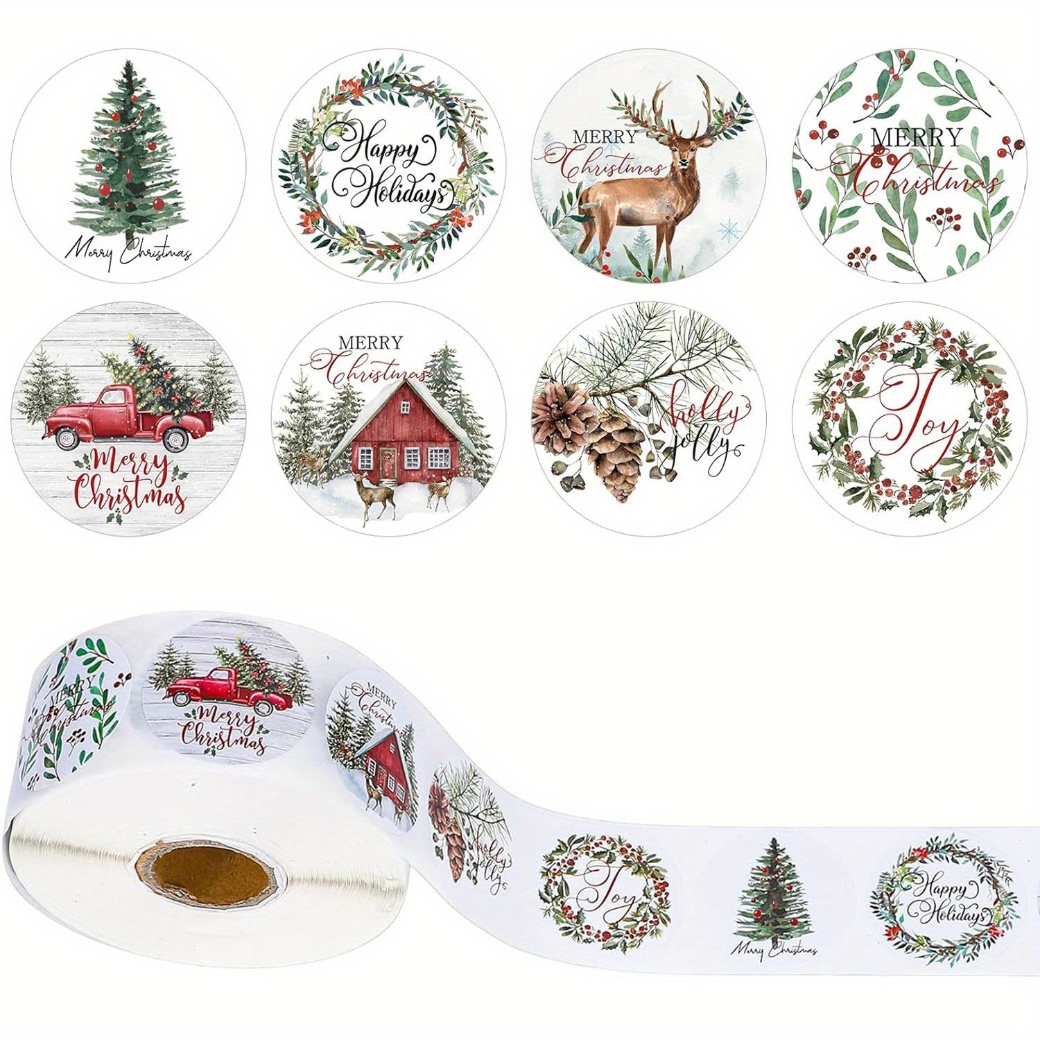 500pcs Christmas Sticker Roll - 8 Designs With Tree, Reindeer & Car | Self-adhesive Round Gift Tags For Holiday Presents, Beading&jewelry Making, Jewelry Making Display & Packaging Supplies