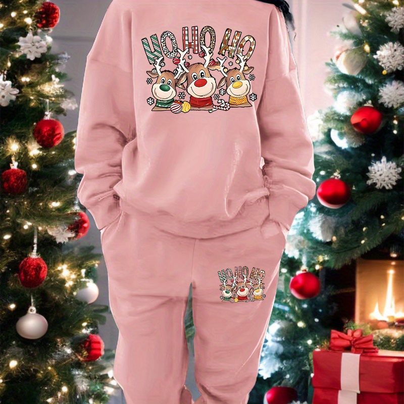 

Cozy Fleece-lined Christmas Reindeer Print Sweatshirt & Joggers Set For Women - Casual, Machine Washable