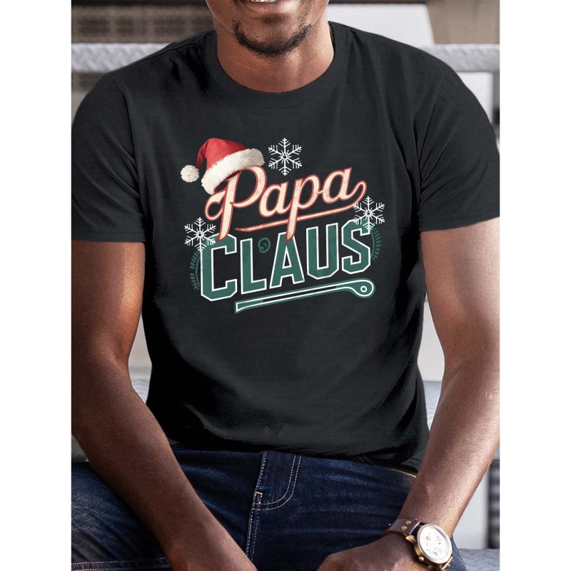 

Papa Claus Print T-shirt For Men - Casual Polyester Short Sleeve Summer Top With Geometric Pattern, Knit Fabric, Round Neck, Regular Fit