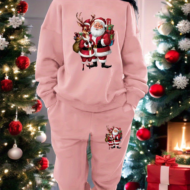 

Christmas Santa Print 2 Piece Set, Crew Neck Sweatshirt & Pants, Women's Clothing