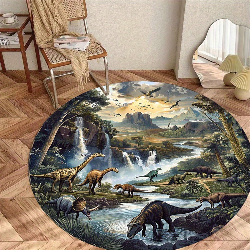 TEMU 1pc, Round Carpet, Creative Original Forest Dinosaur Pattern Printed Floor Mat, 800g/m2 Velvet, Office Decorative Floor Mats, Table And Chair