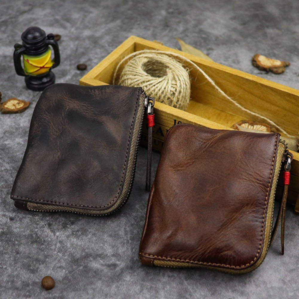 

Vintage-style Handmade Top Layer Cowhide Leather Coin Purse, Mini Zippered Pouch With Rustic Old-fashioned Aesthetic - Single Piece