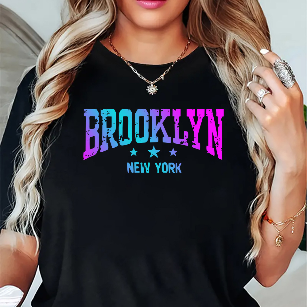 

Women's Casual Brooklyn New York Letter Print T-shirt - Crew Neck, Short Sleeve, Polyester And Spandex Knit Fabric, Medium Stretch, All-season Comfort Tee