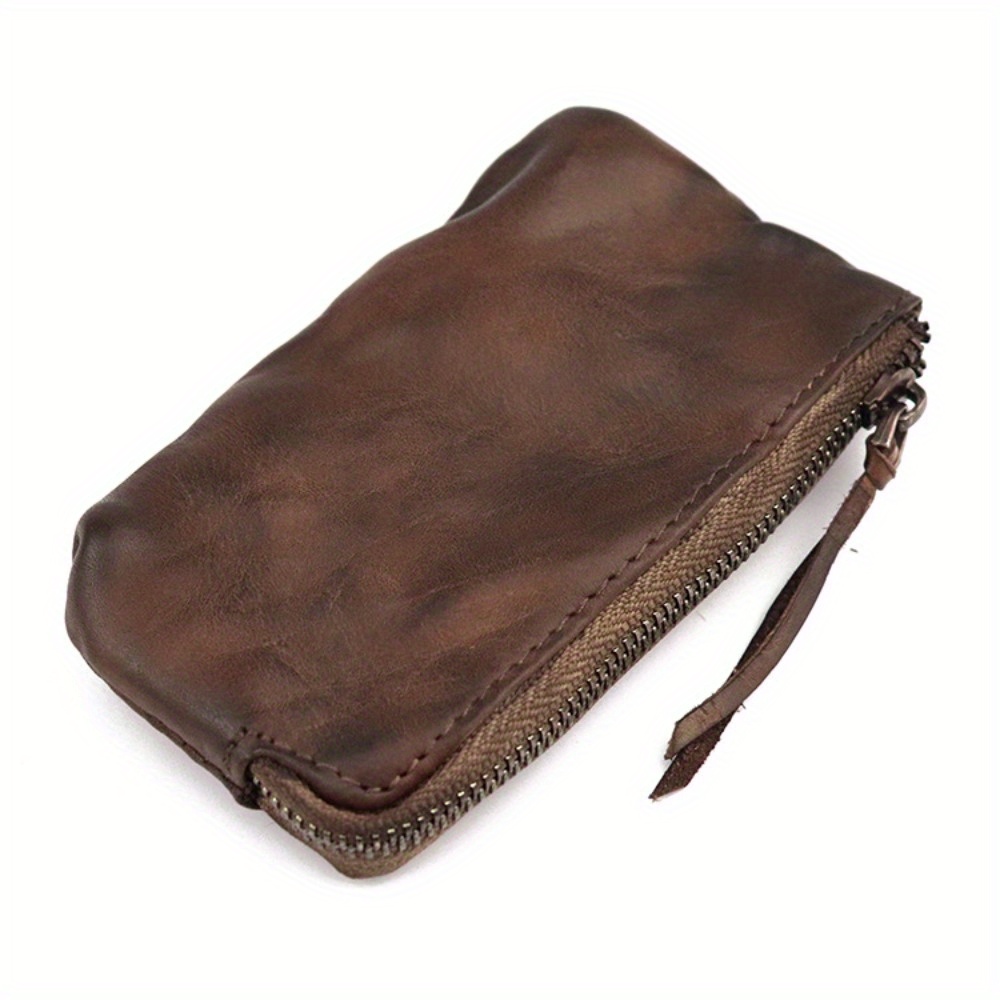 

Vintage Style Genuine Top-grain Leather Coin Purse, Hand- Mini Pouch With Zipper - 1 Piece