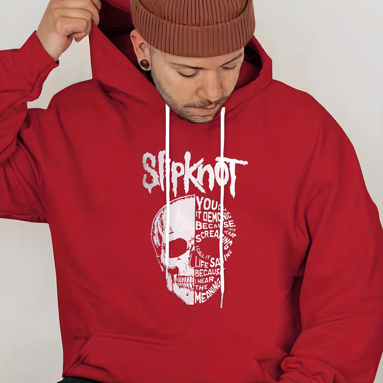 

Men's Skull & Alphabet Print Hoodie - Casual Streetwear With Stretch Fabric, Kangaroo Pocket, Spring/fall, Version,