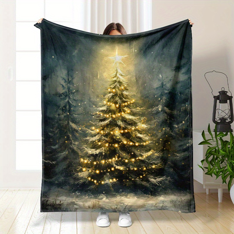 

Vintage Christmas Tree Printed Flannel Fleece Throw Blanket - Digital Print Soft Polyester Knitted Multipurpose Blanket For Couch, Home, Nap, Birthday, Holiday Gift - Machine Washable, All Seasons