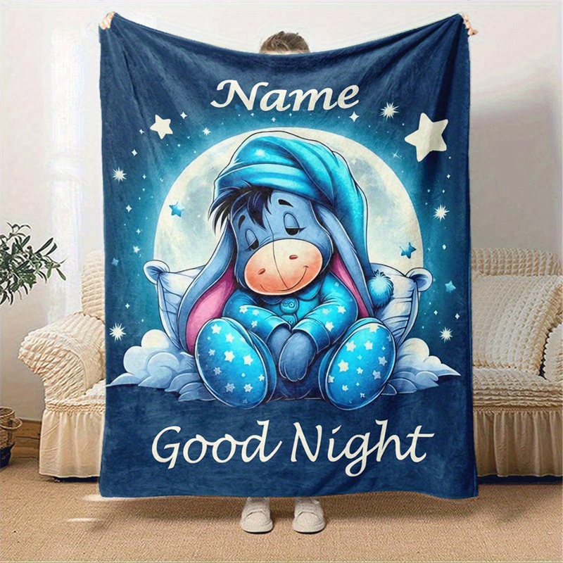 

Custom Name Eeyore Good Night Themed Throw Blanket - Lightweight Warm Polyester All-season Blanket For Living Room, Bedroom, Travel - Machine Washable, Chunky Knit Personalized Gift