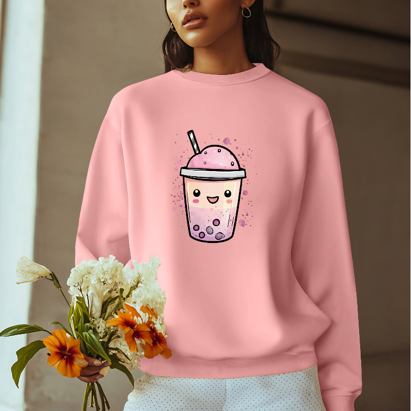 

Women's Cute Boba Tea Graphic Sweatshirt - Casual Polyester Knit Crew Neck Pullover With Slight Stretch For All Seasons - Geometric Pattern Boba Print Crewneck Sweater